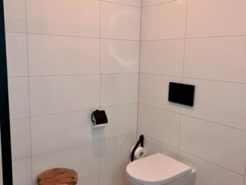 Hangtoilet met vlakke wand, Geberit inbouwreservoir in kast geplaatst.